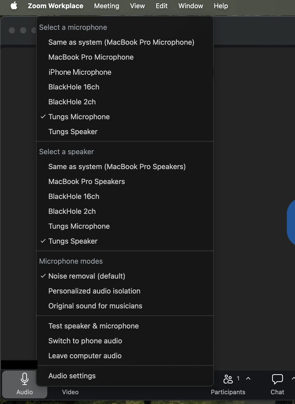 Zoom's audio menu on a Mac with Tungs Microphone and Tungs Speaker selected